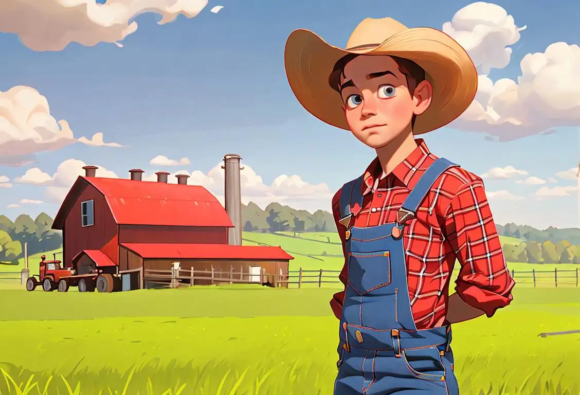 Young boy wearing a red cowboy hat, plaid shirt, and denim overalls, standing on a farm with a bright blue sky in the background..