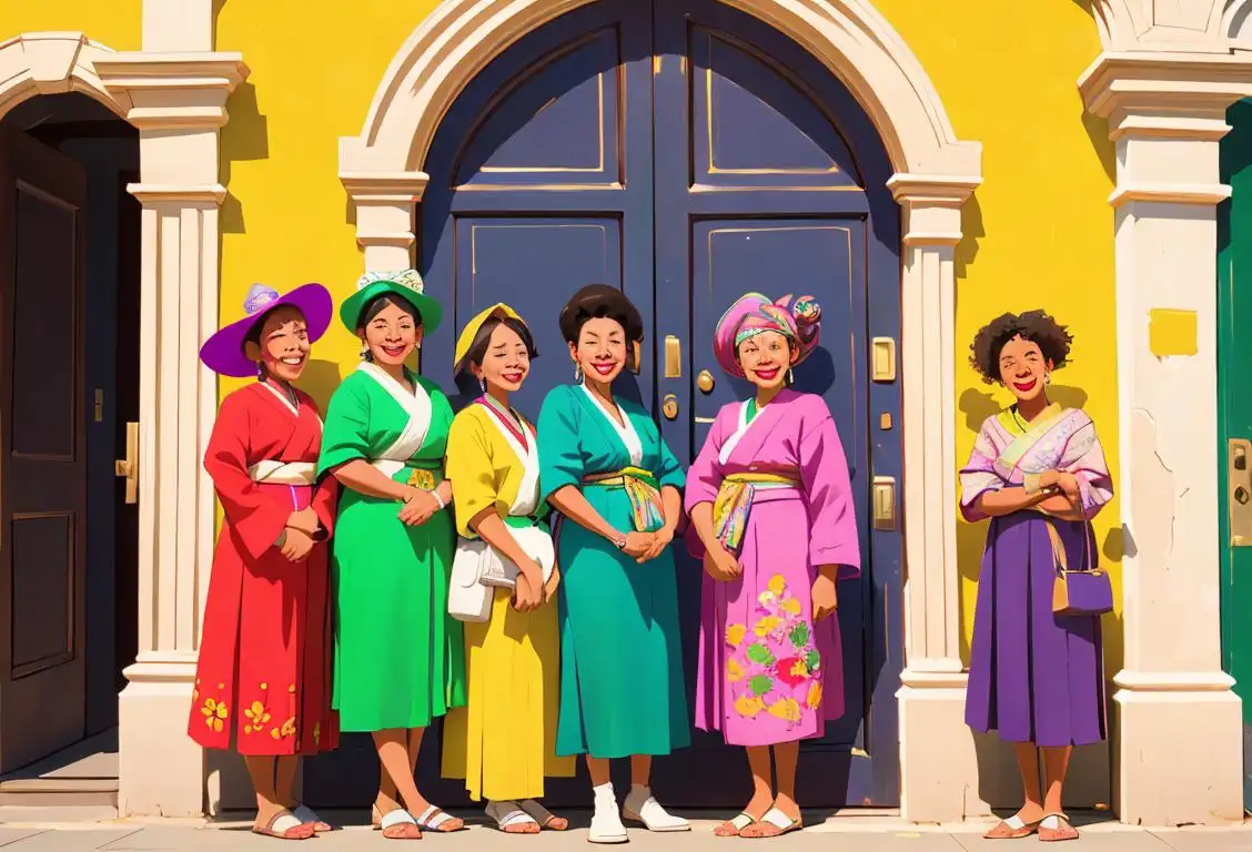 A diverse group of people leaning against a giant door, smiling, wearing colorful outfits representing different cultures and styles, showcasing unity and openness..