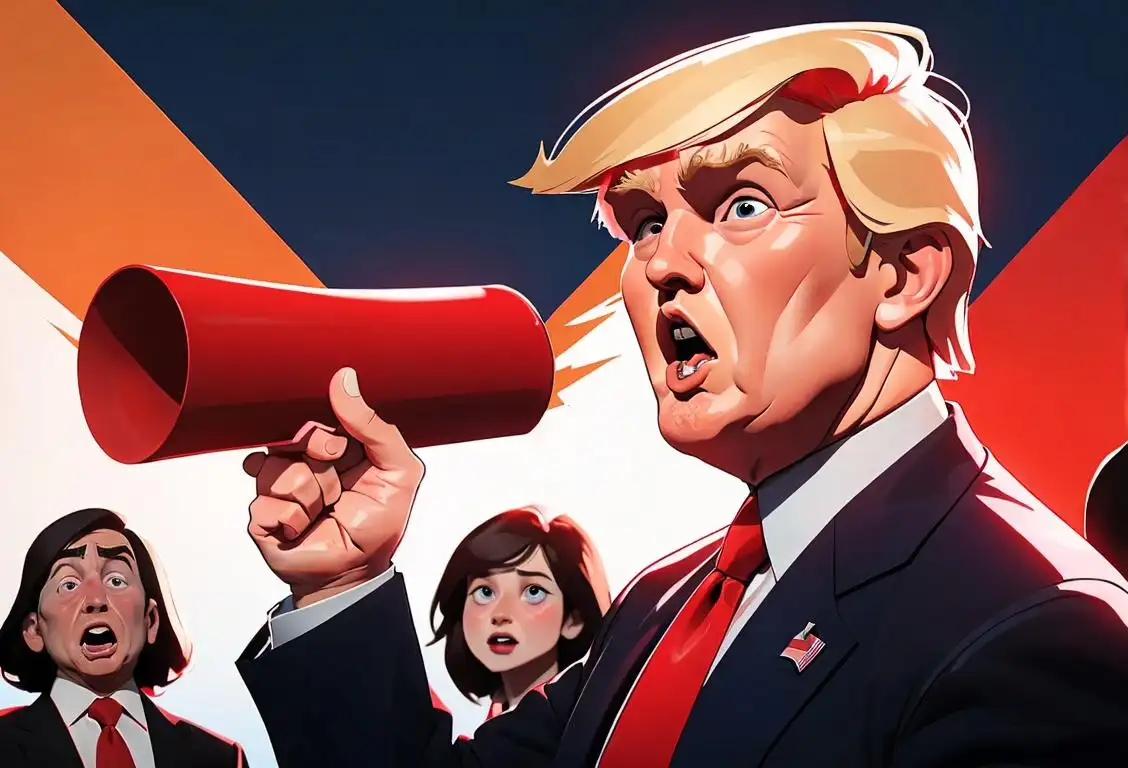 Person wearing a red tie, holding a megaphone, surrounded by American flags, energetic crowd in the background..