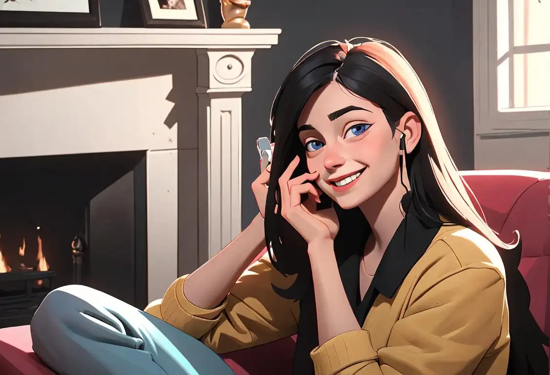 Young person on the phone, smiling and surrounded by supportive friends, in a cozy living room setting.