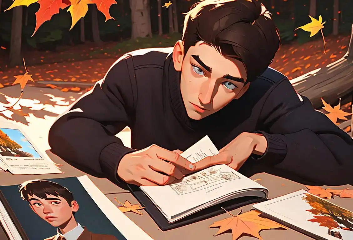 Young man looking at a photo album, wearing a cozy sweater, surrounded by autumn leaves and memories of past relationships..