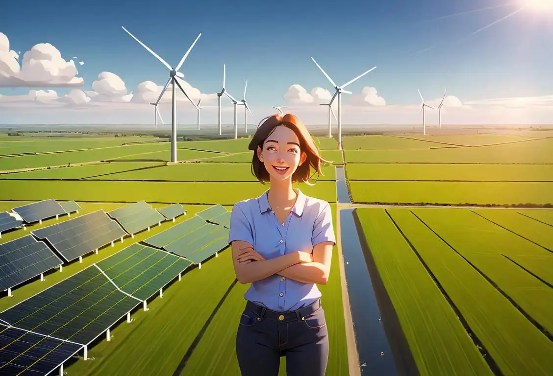 Happy person, dressed in casual clothing, surrounded by renewable energy sources like solar panels and wind turbines in a vibrant natural setting..