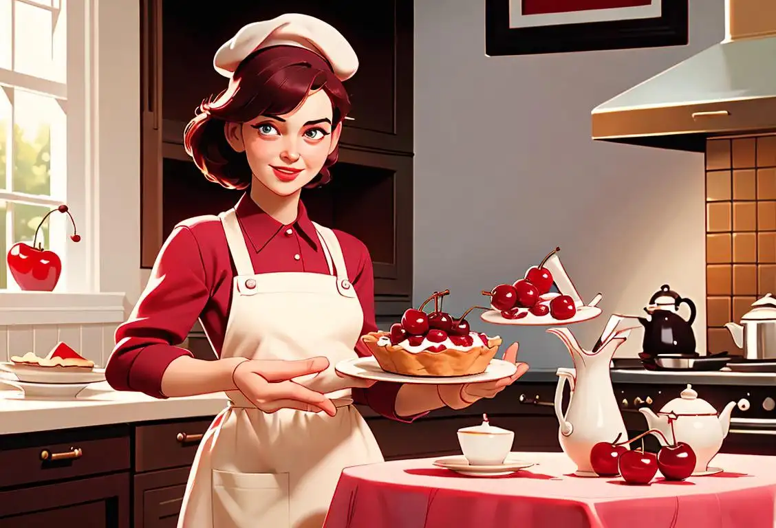 A joyful baker holding a freshly baked cherry tart, wearing a chef's hat, apron, vintage kitchen setting..