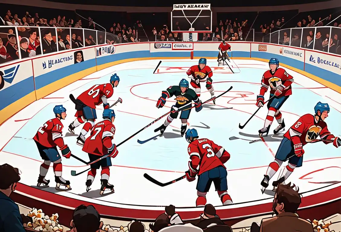 Excited hockey fans examining shiny hockey cards, like archaeologists analyzing ancient artifacts, in a hockey arena filled with roaring crowd, wearing team jerseys and holding popcorn and soda..