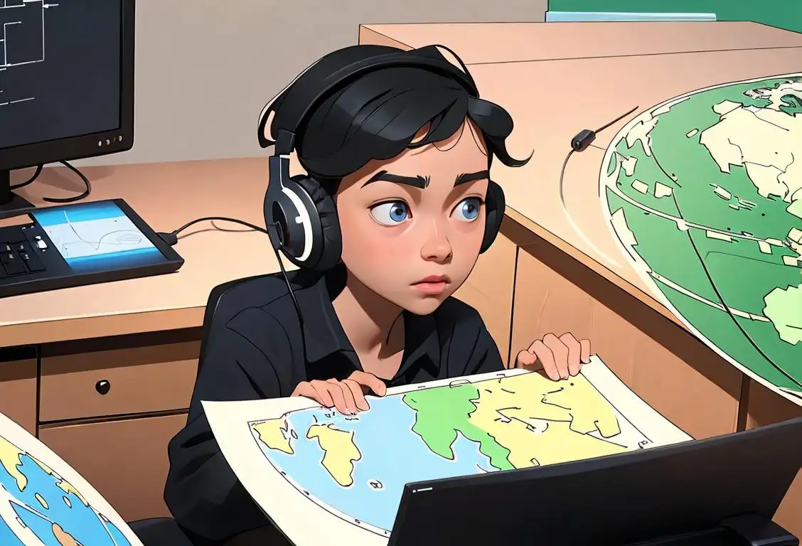 Young student engrossed in online learning, wearing headphones, surrounded by virtual books and a world map..