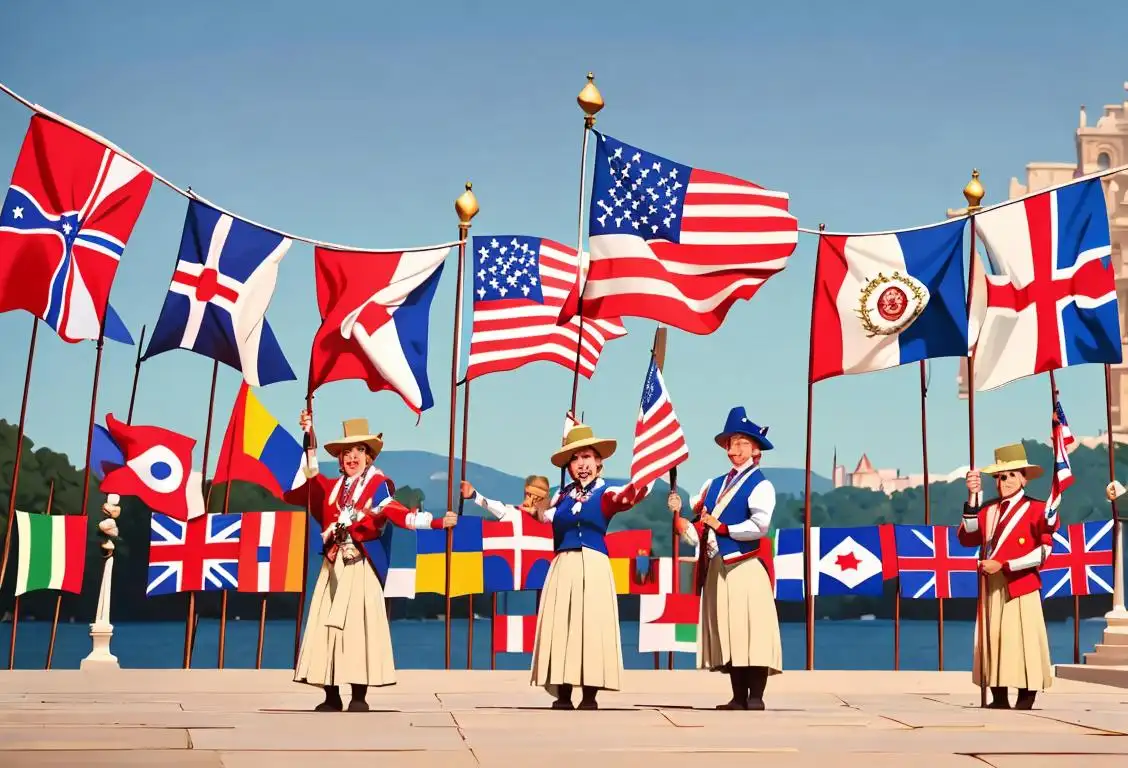 A group of diverse people holding national flags in front of iconic landmarks, dressed in traditional clothing, celebrating Independence Day with joy and excitement..