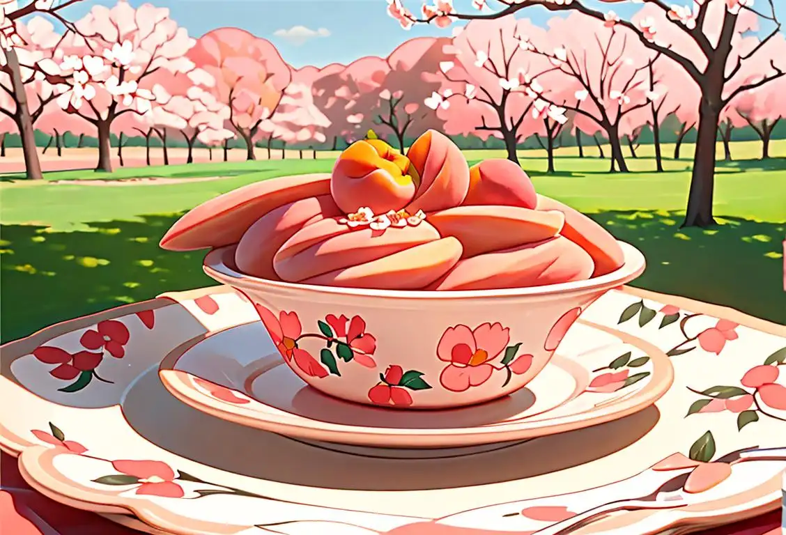 Slice of peach cobbler on a vintage floral plate, set on a picnic blanket, surrounded by blossoming peach trees..