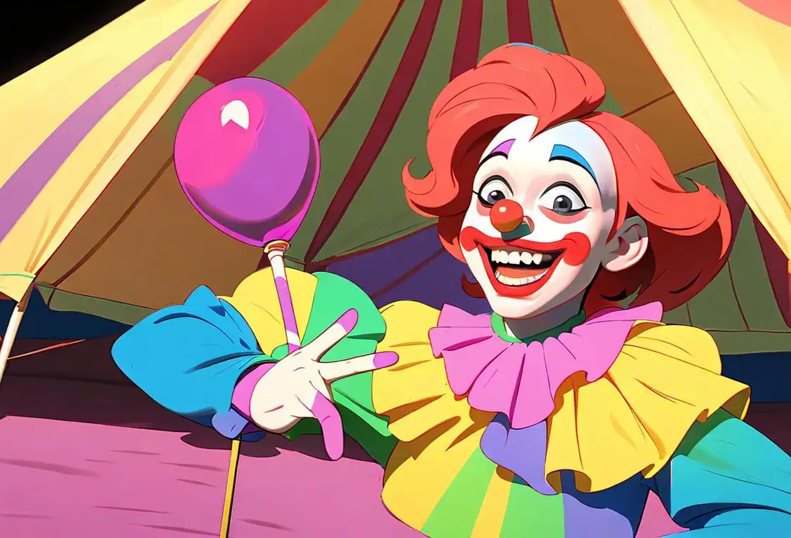 Young children laughing while colorful clown performs tricks, wearing colorful costumes, circus tent backdrop..