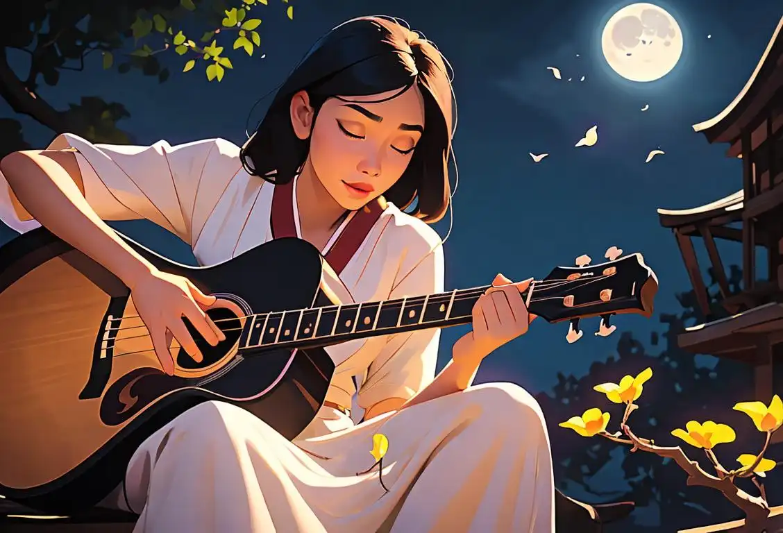 A person with a guitar, dressed in a traditional Filipino outfit, serenading someone under the moonlight..