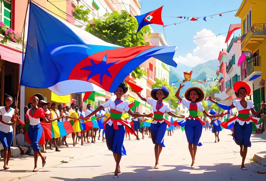 Group of people joyously parading with Haitian flags, vibrant colors, traditional clothing, lively street atmosphere, celebrating National Haitian Flag Day..