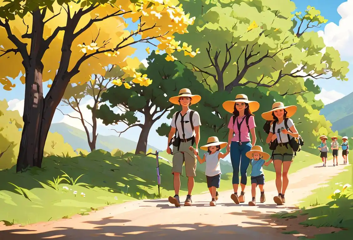 A family of four happily hiking on a trail, wearing sun hats, outdoor adventure gear, scenic nature backdrop..