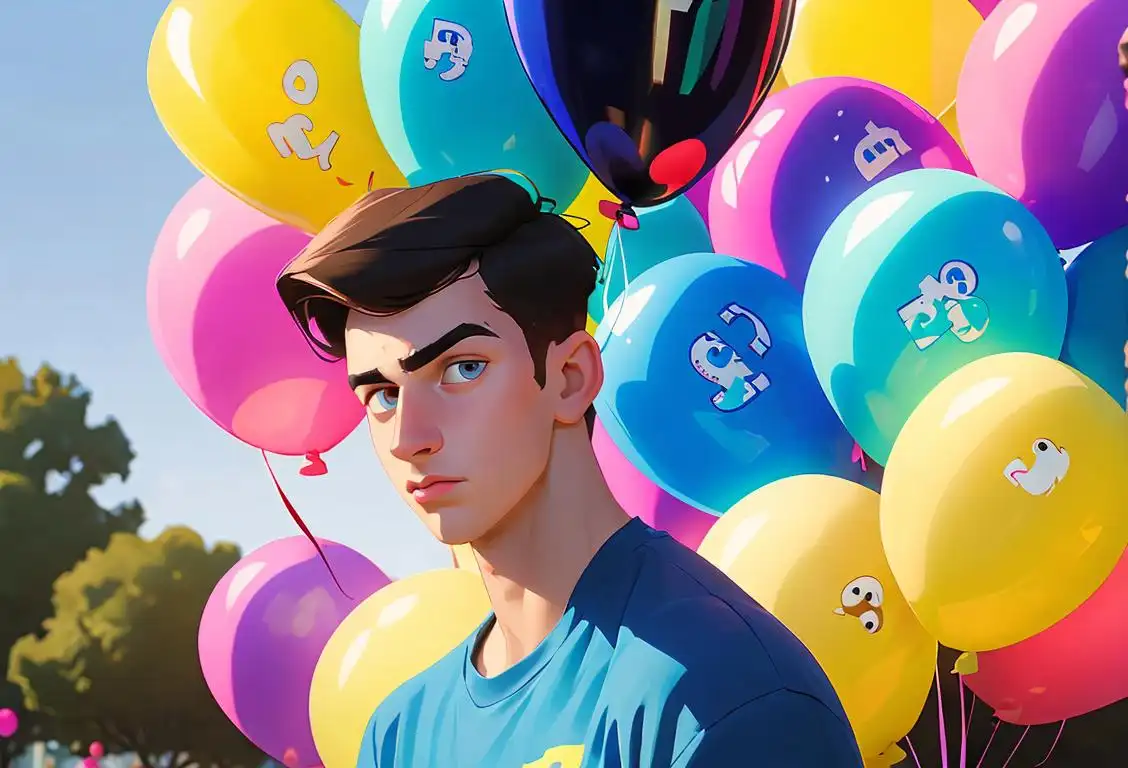 Young man wearing a jkap-themed t-shirt, surrounded by colorful balloons, in a lively outdoor park setting..