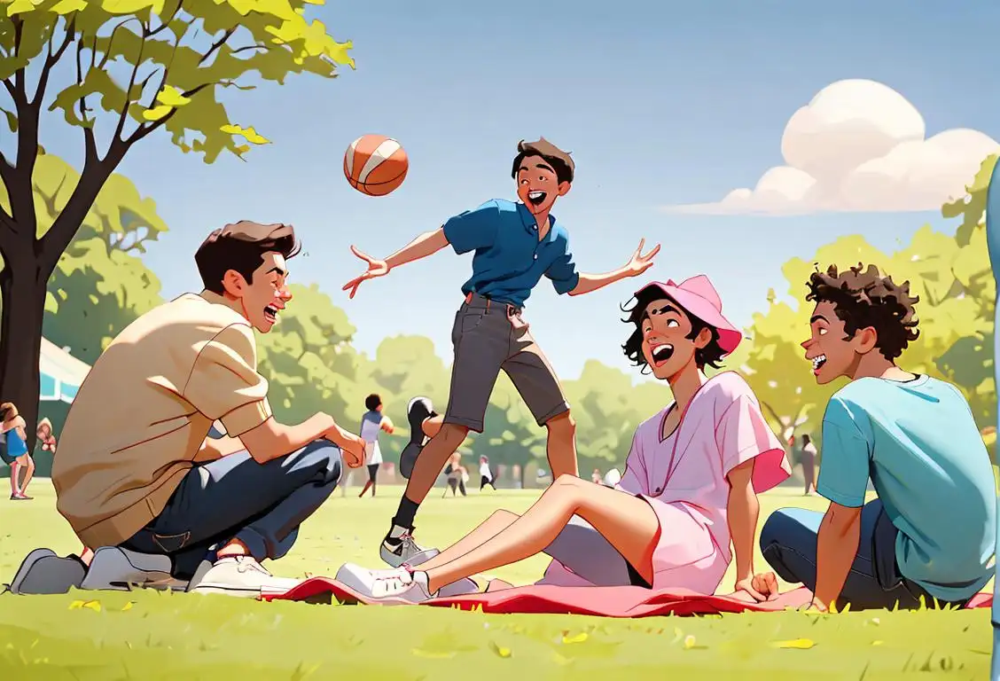 A group of diverse friends laughing and having a great time in a park, wearing casual outfits, with a mix of trendy and classic fashion styles. The scene includes a picnic blanket, frisbee, and a basketball hoop in the background..