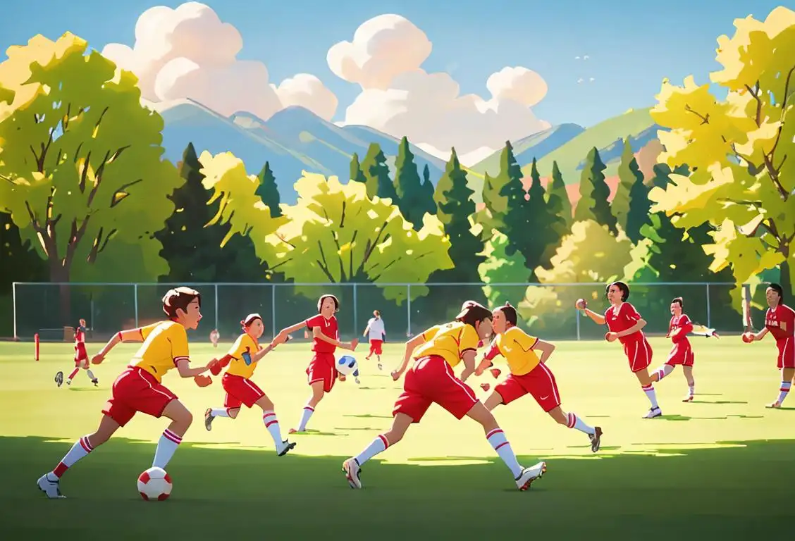 Group of happy people playing various sports in a scenic outdoor field, wearing colorful athletic outfits, surrounded by nature's beauty..