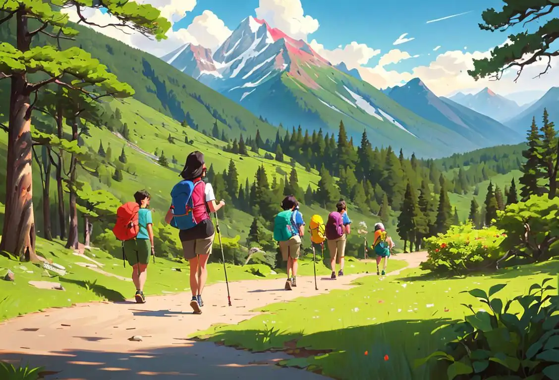 Group of diverse friends hiking in a national park, wearing colorful outdoor gear, surrounded by lush greenery and majestic mountains..