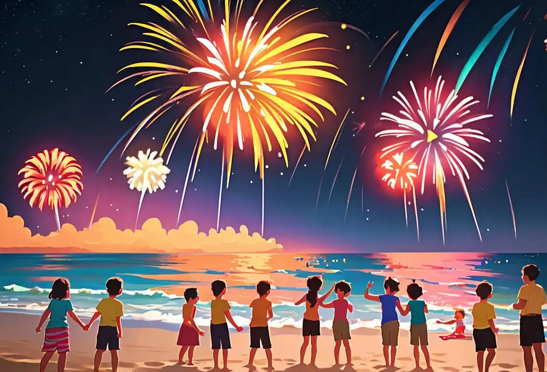 Excited crowd gathered under a starry sky, vibrant bursts of colorful fireworks, children in summer outfits, beach setting..