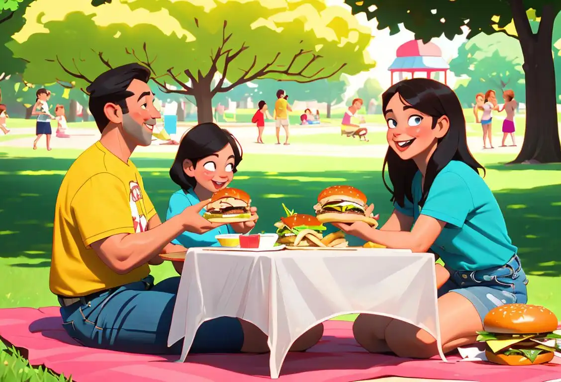 Cheerful family enjoying a variety of mouthwatering burgers at a picnic, dressed in casual summer outfits, vibrant park setting..