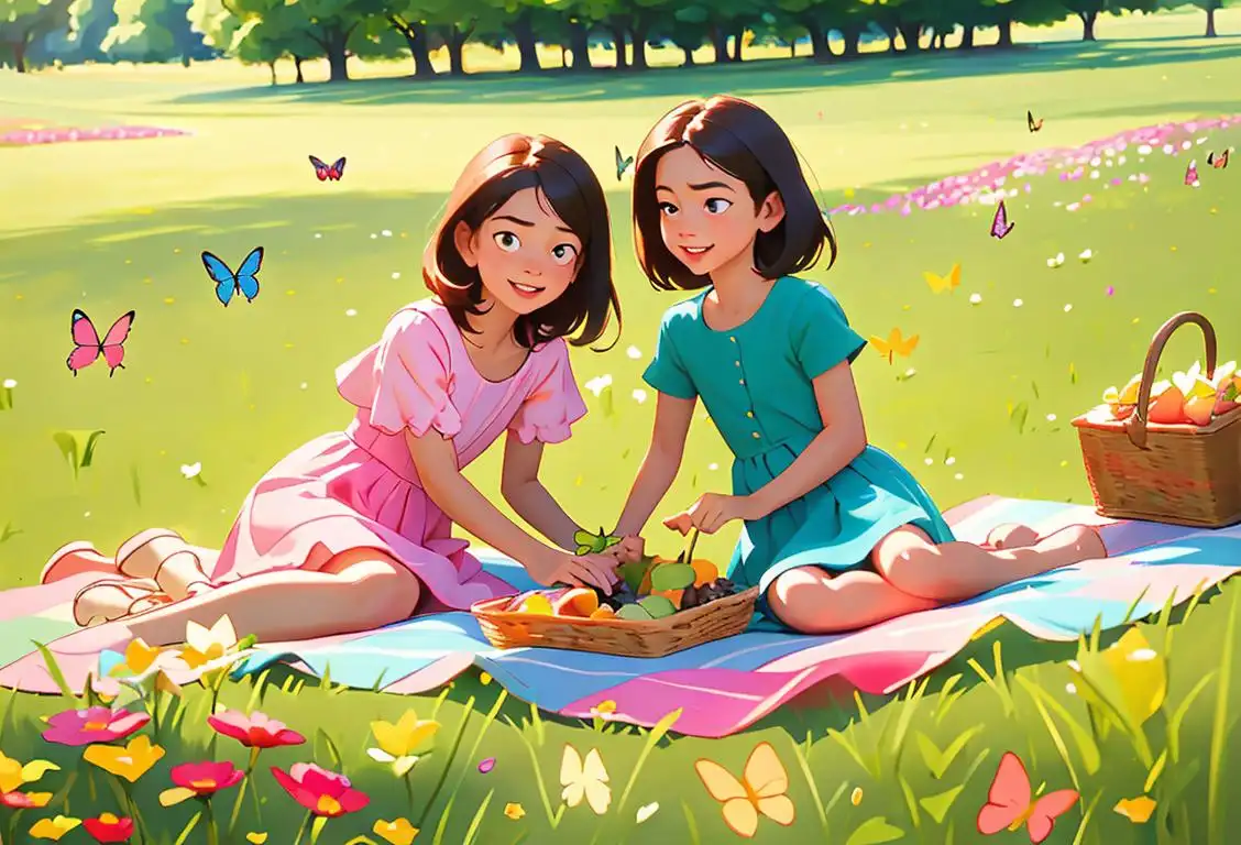 Families wearing colorful summer outfits having a delightful picnic on a sunny meadow, surrounded by playful butterflies and blooming flowers..
