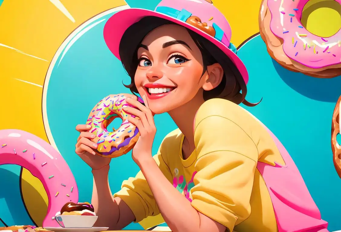 A cheerful image of a smiling person enjoying a delicious donut in a vibrant cafe, adorned with colorful decorations and surrounded by happy customers, creating a joyful and energetic atmosphere. The person wears a trendy outfit with a stylish hat, showcasing their unique fashion sense. The scene captures the spirit of National Donut Day, celebrating the love for these delightful treats and the joy they bring to people's lives..