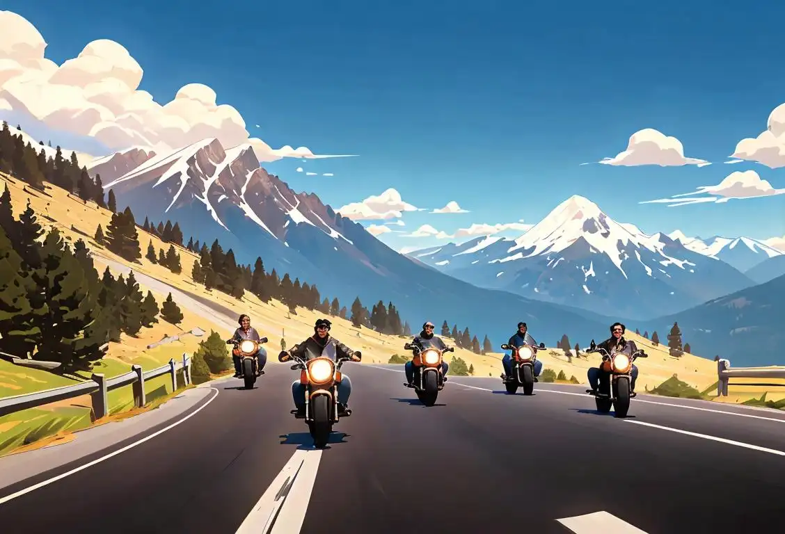 A group of bikers in leather jackets, riding their motorcycles along a scenic mountain road with clear blue skies..