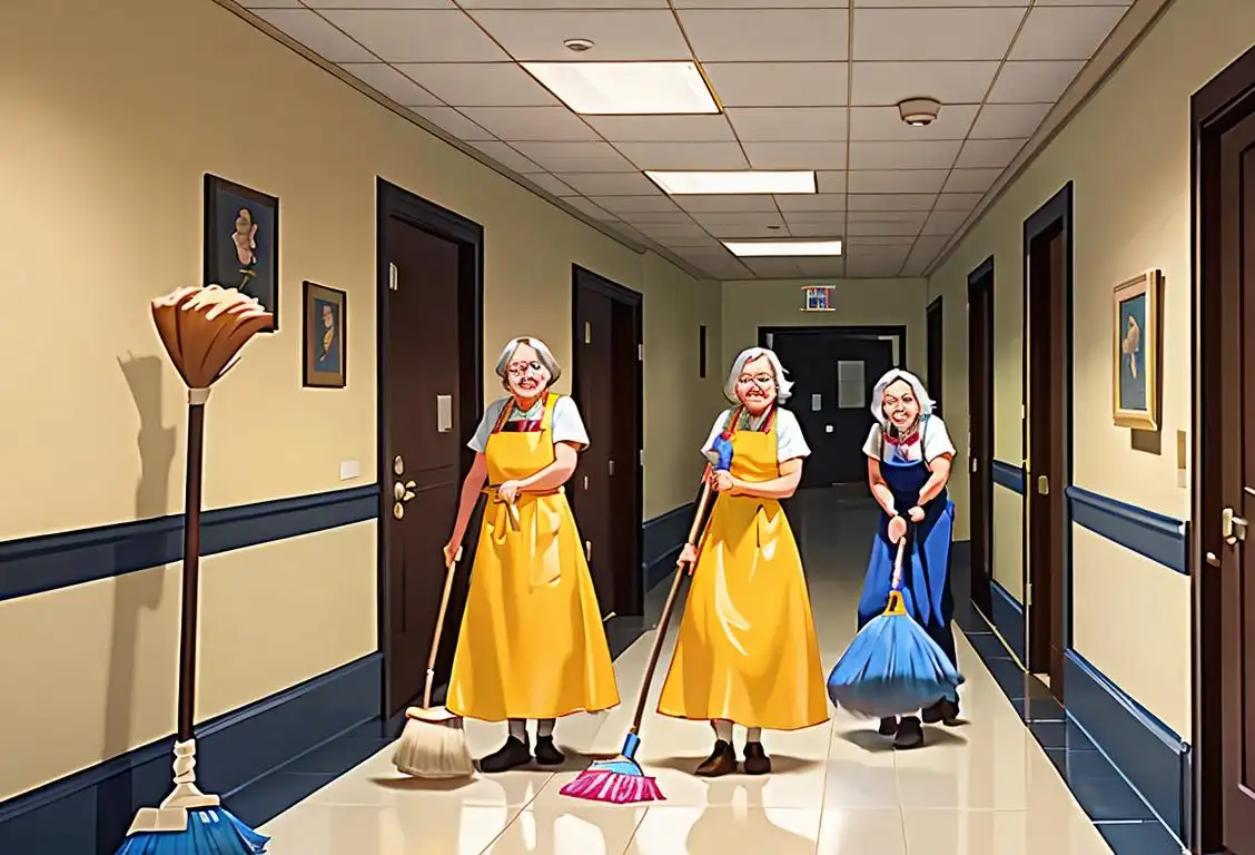 A group of custodians wearing colorful aprons, holding brooms and mops, surrounded by a clean and sparkling school hallway..