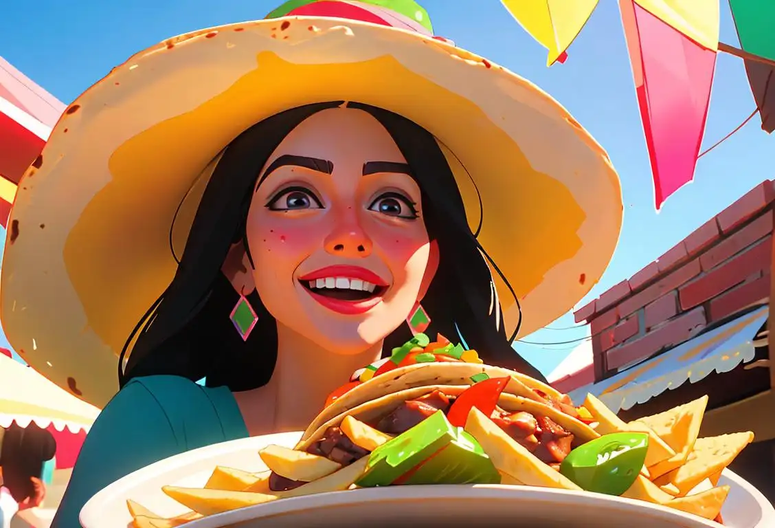 A joyful woman wearing a colorful sombrero, passionately enjoying a plate of mouthwatering tacos amidst a vibrant Mexican street fiesta..