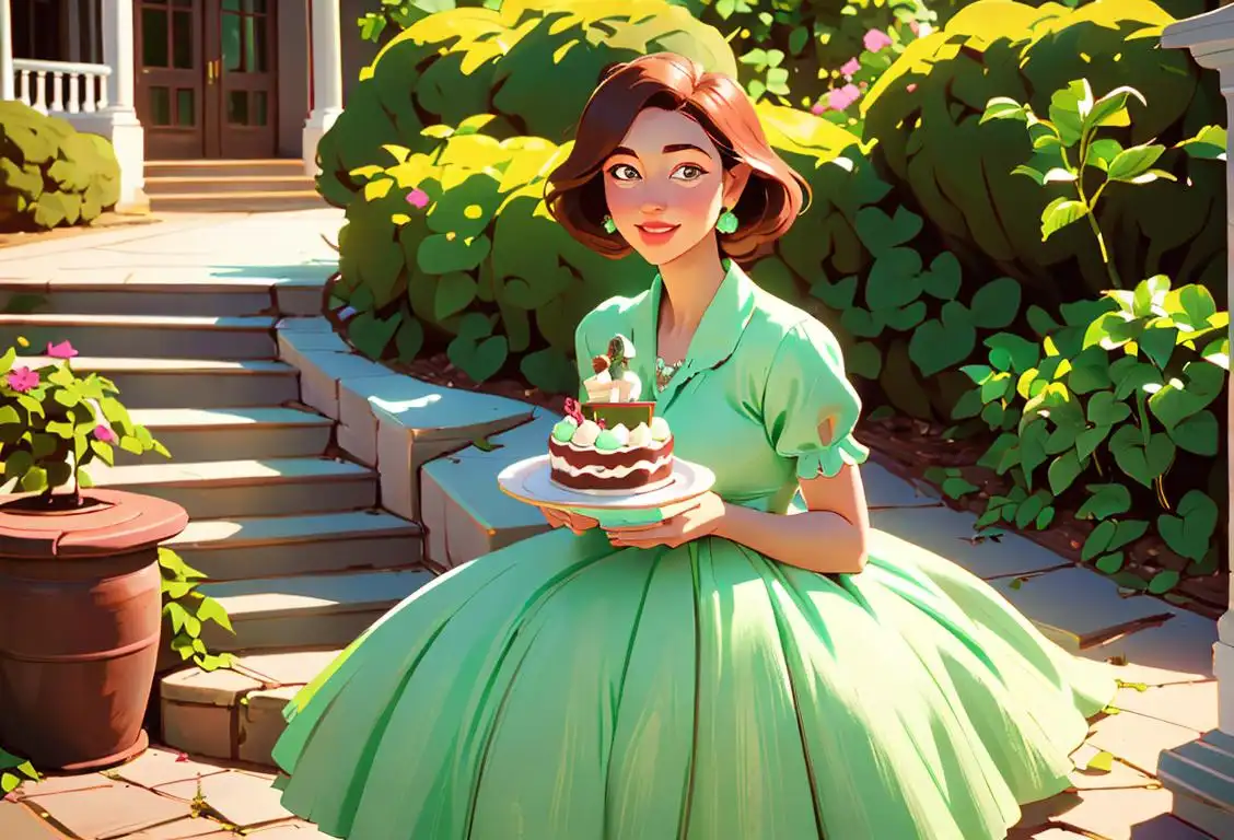A young woman enjoying a richly decorated mint chocolate cake, wearing a charming vintage dress, at a picturesque outdoor garden party..