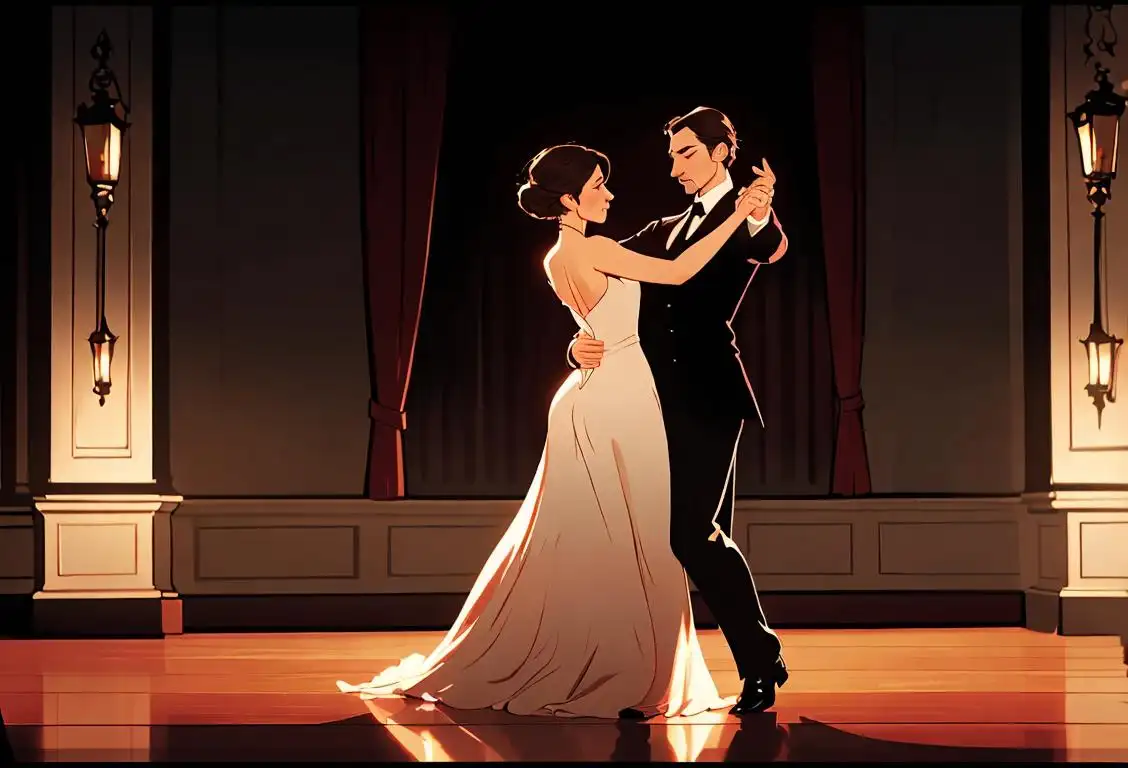 Elegant couple gracefully dancing tango, dressed in Argentinean fashion, dimly lit ballroom, romantic atmosphere..