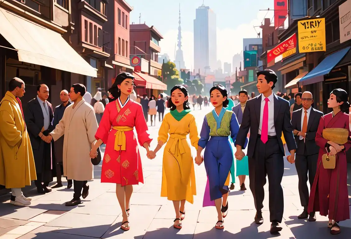 Diverse group of people holding hands in front of a vibrant cityscape, showcasing different cultures and ethnicities. Traditional clothing, modern fashion, and urban setting..