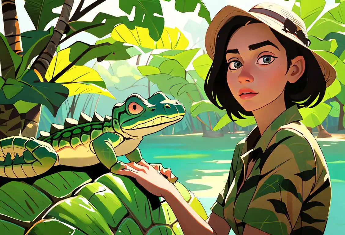 Young woman observing a crocodile in a lush tropical setting, wearing a safari outfit, adventurous vibe..