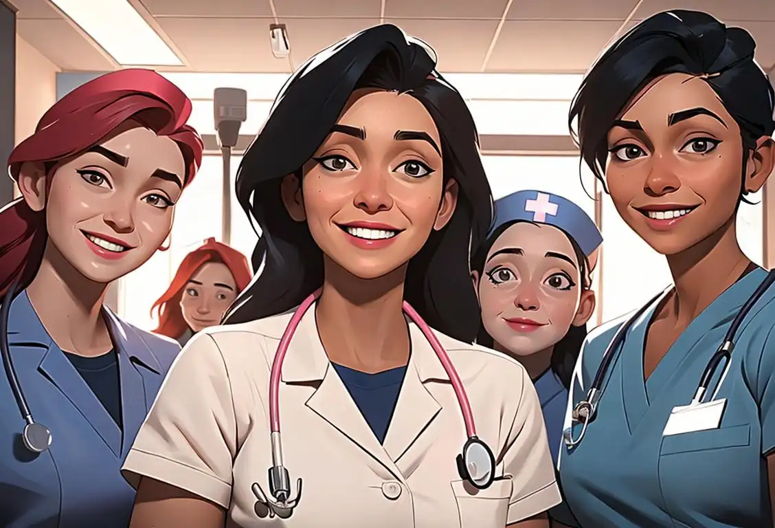 A group of diverse nurses in scrubs, smiling and caring for patients in a modern hospital setting..