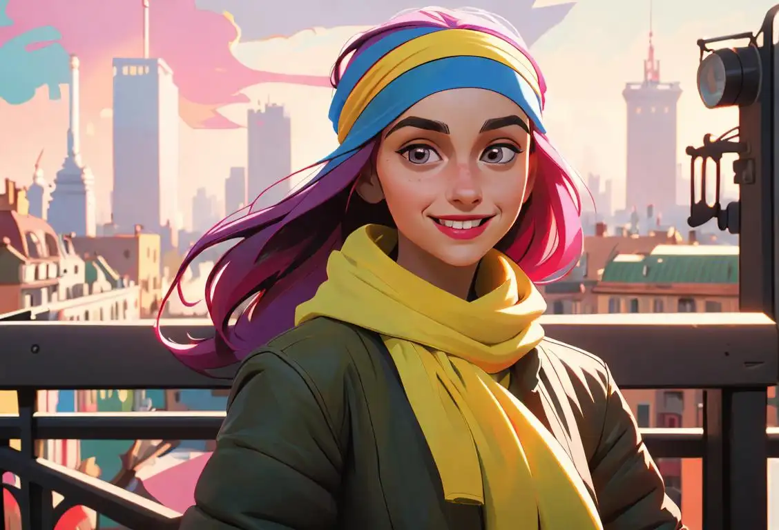 Young woman with a playful smile, wearing a colorful headband, fashionably layered clothing, urban cityscape backdrop..