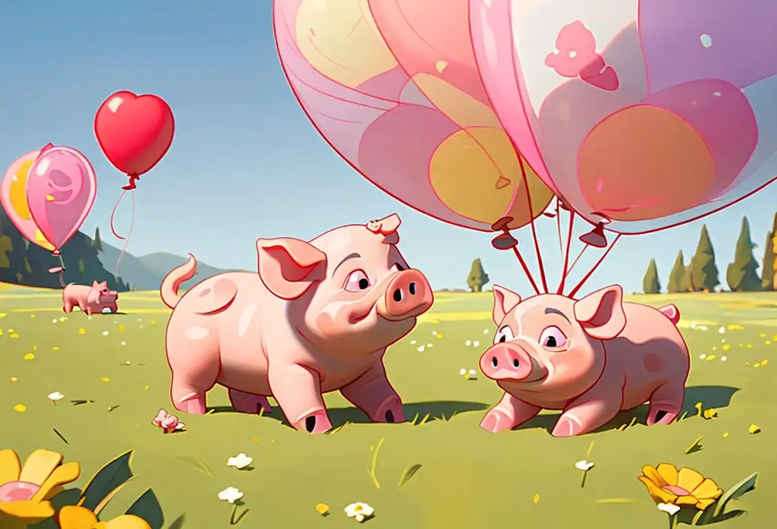 Two adorable piglets playing in a meadow, wearing cute little piggy costumes, surrounded by colorful balloons..