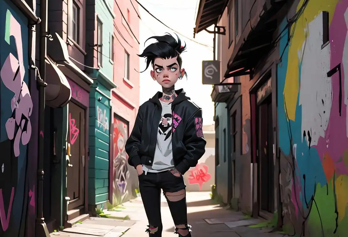 Young person with edgy hairstyle, wearing punk-inspired clothing, standing in an urban graffiti-filled alleyway..