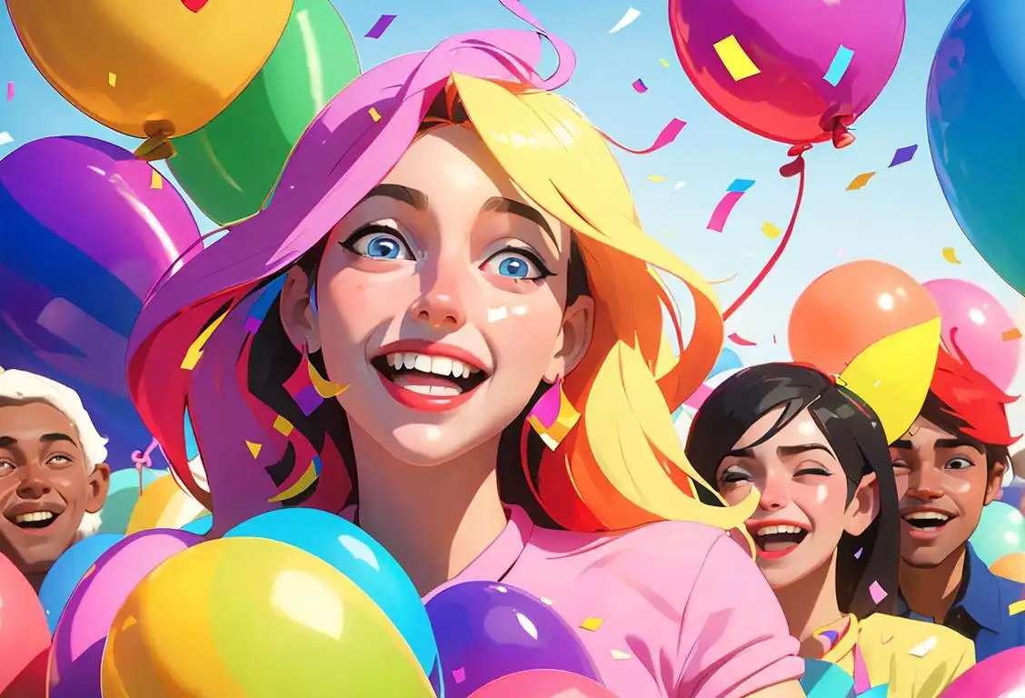 Happy person named Quinn holding a balloon, wearing a colorful party hat, surrounded by confetti and smiling friends in a vibrant celebration..