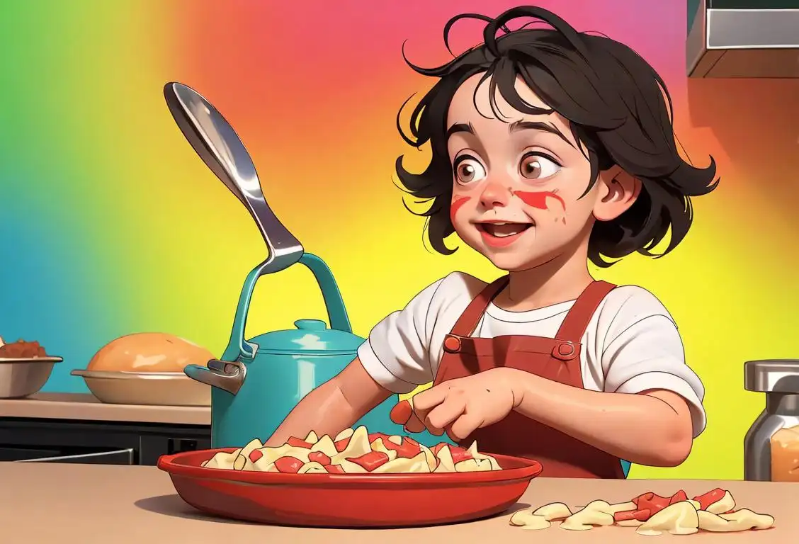 Cheerful child with messy face and hands, wearing a colorful apron, surrounded by ingredients and a saucepan full of Sloppy Joes..