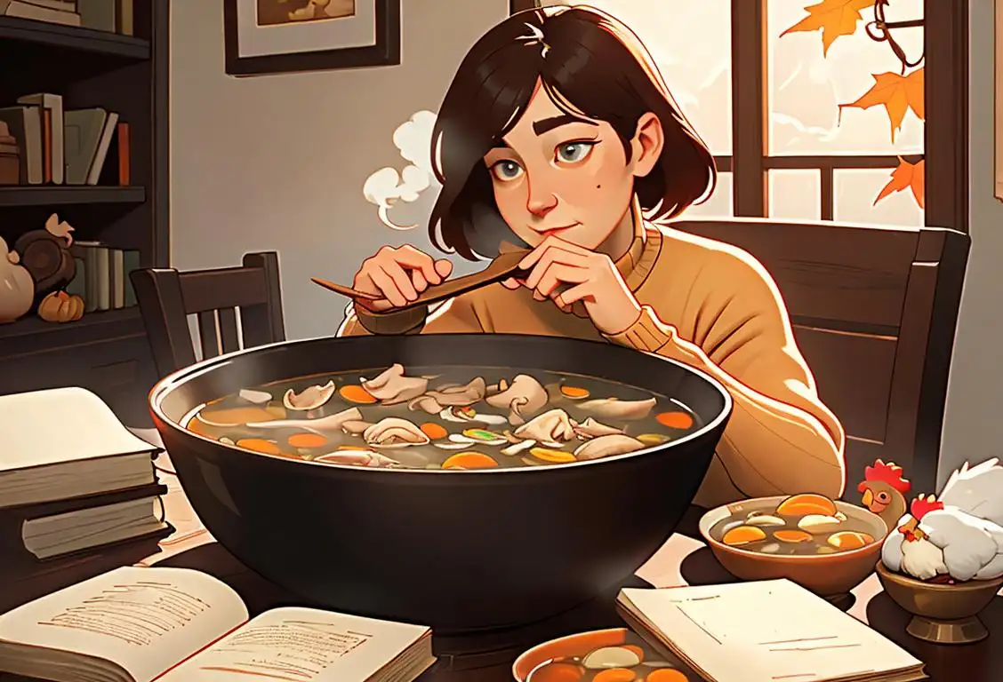 A person sitting in a cozy sweater, savoring a bowl of steaming chicken soup, surrounded by vintage books and autumn leaves..