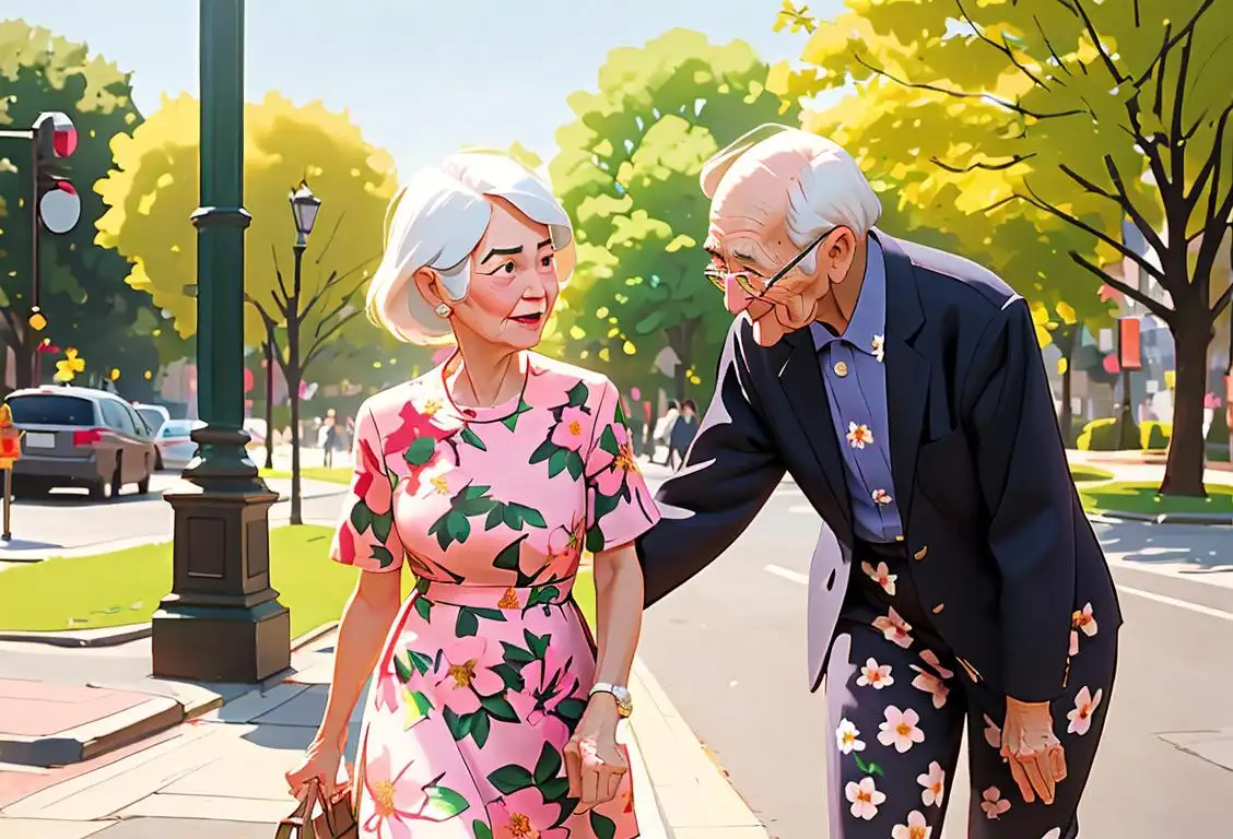 Young woman wearing a floral print dress, helping an elderly person cross the street, sunny park setting..
