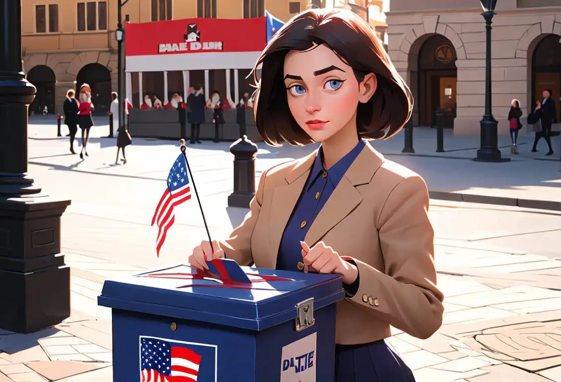 Young woman with a patriotic outfit, holding a ballot box, in a bustling city square on National Voter Day..