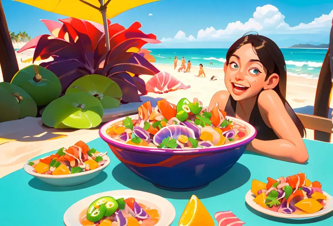 Happy people enjoying a bowl of ceviche, surrounded by vibrant colors and beachside scenery.