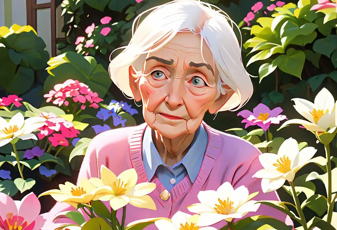 Elderly woman in a care home garden, surrounded by blooming flowers, wearing a cozy cardigan, serene and peaceful setting..