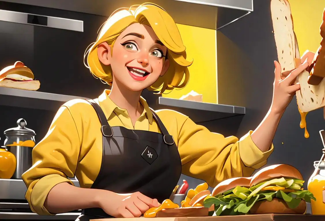 A cheerful person joyfully spreading mustard on a sandwich, wearing a colorful apron, in a vibrant kitchen setting..