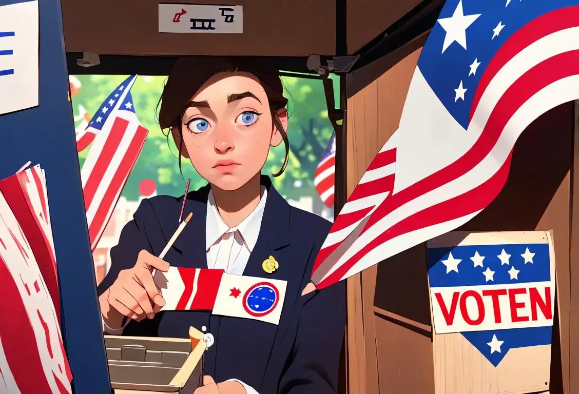 Young voters casting their ballots, wearing campaign buttons and holding pencils, in a bustling voting booth with patriotic decorations..