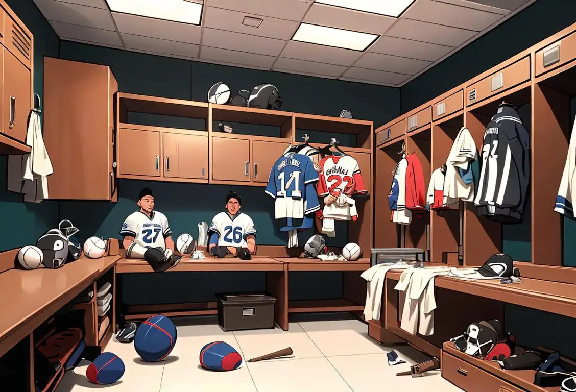An equipment manager meticulously arranging sports equipment in a locker room, wearing a team jersey, surrounded by sports memorabilia..