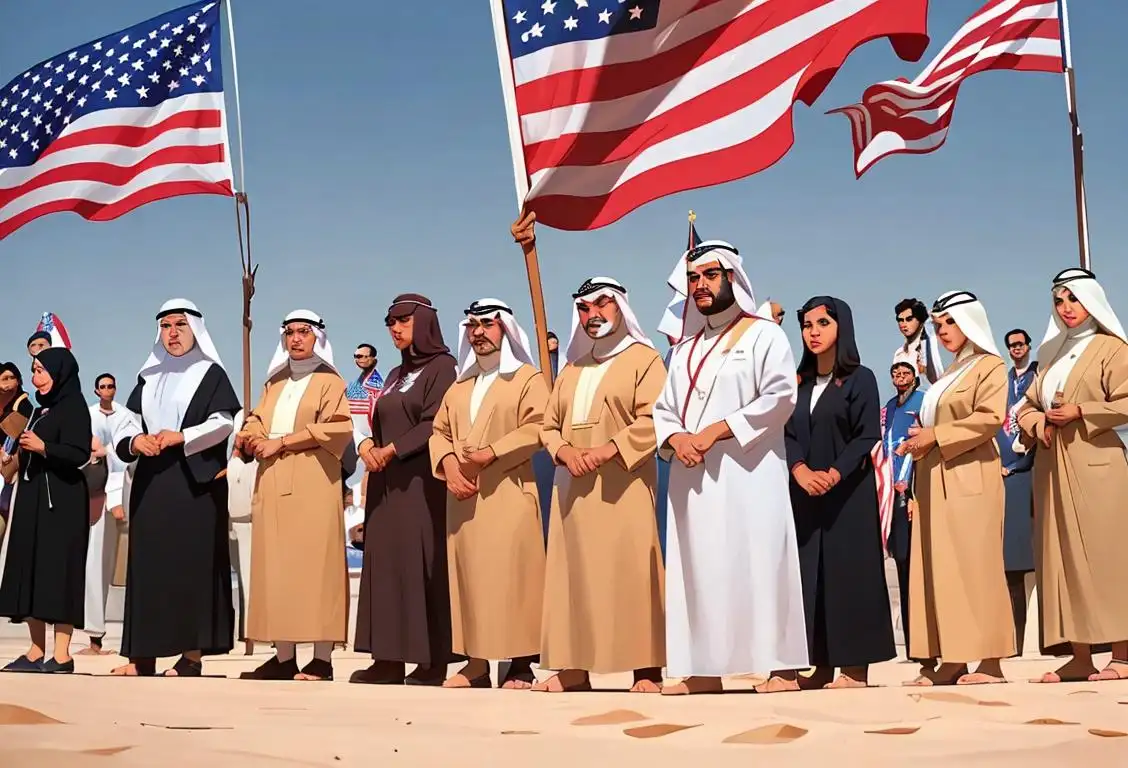 A diverse group of Arab Americans volunteering in various settings, wearing traditional and modern clothing styles, surrounded by American flags and symbols of community service..