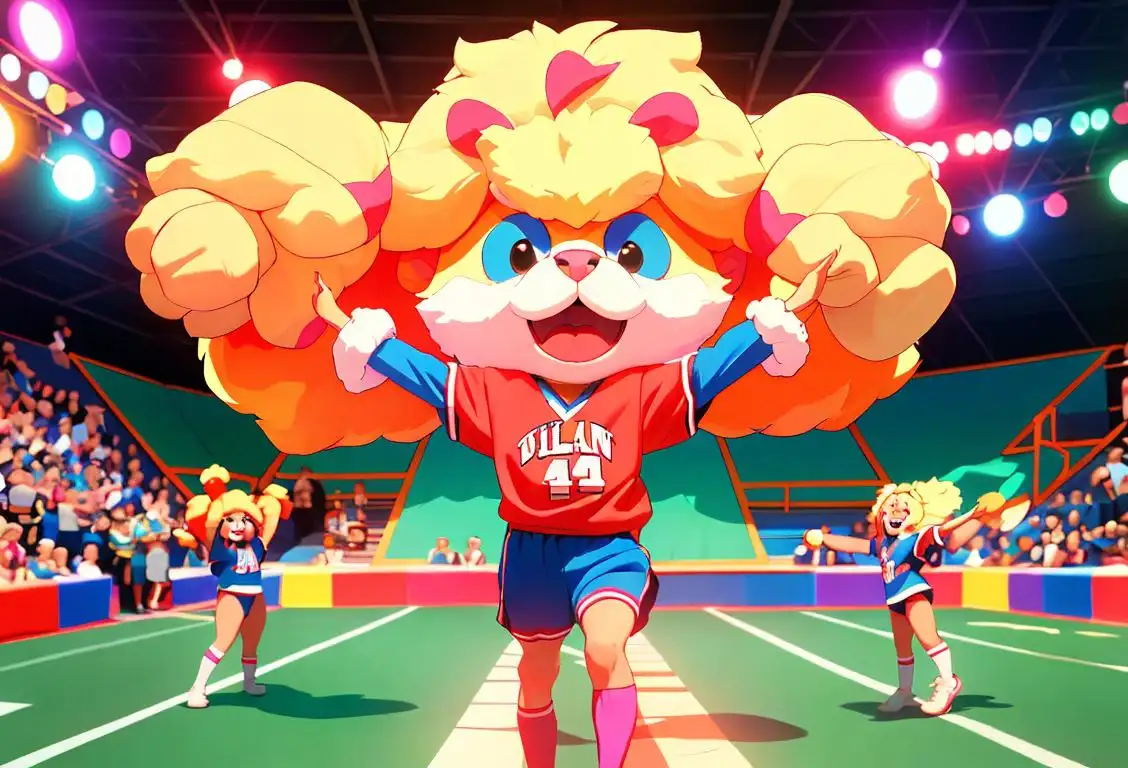 Colorful parade of mascots with giant heads and fluffy costumes, bringing cheer to sports games and school pep rallies. Athletic gear, vibrant colors, and energetic crowd in the background..