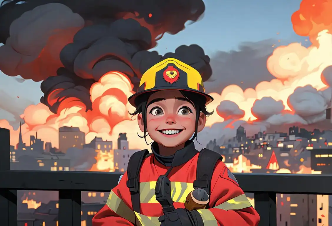 A brave firefighter in full gear, with a smiling child, urban cityscape with billowing smoke in the background..