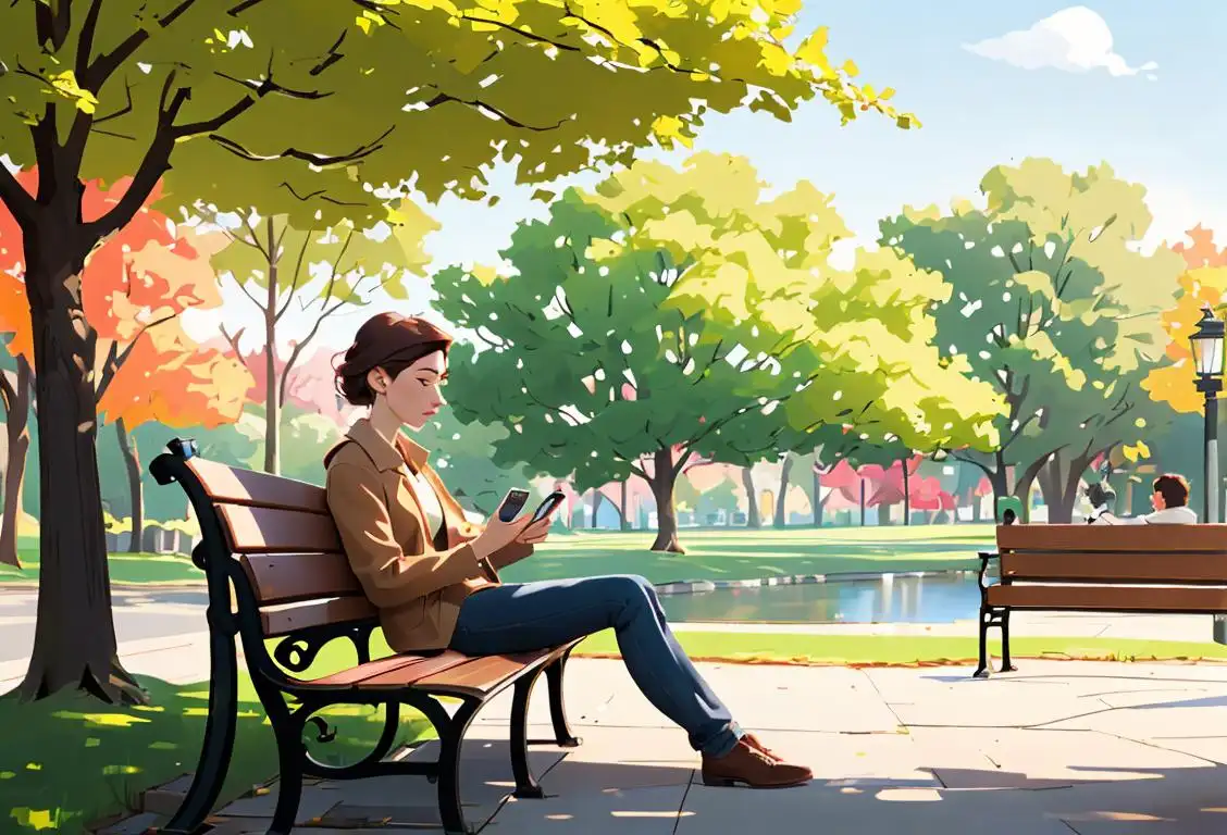 Young professional sitting on a park bench, casually dressed, holding a smartphone with multiple missed call notifications, surrounded by tranquil nature scenes..