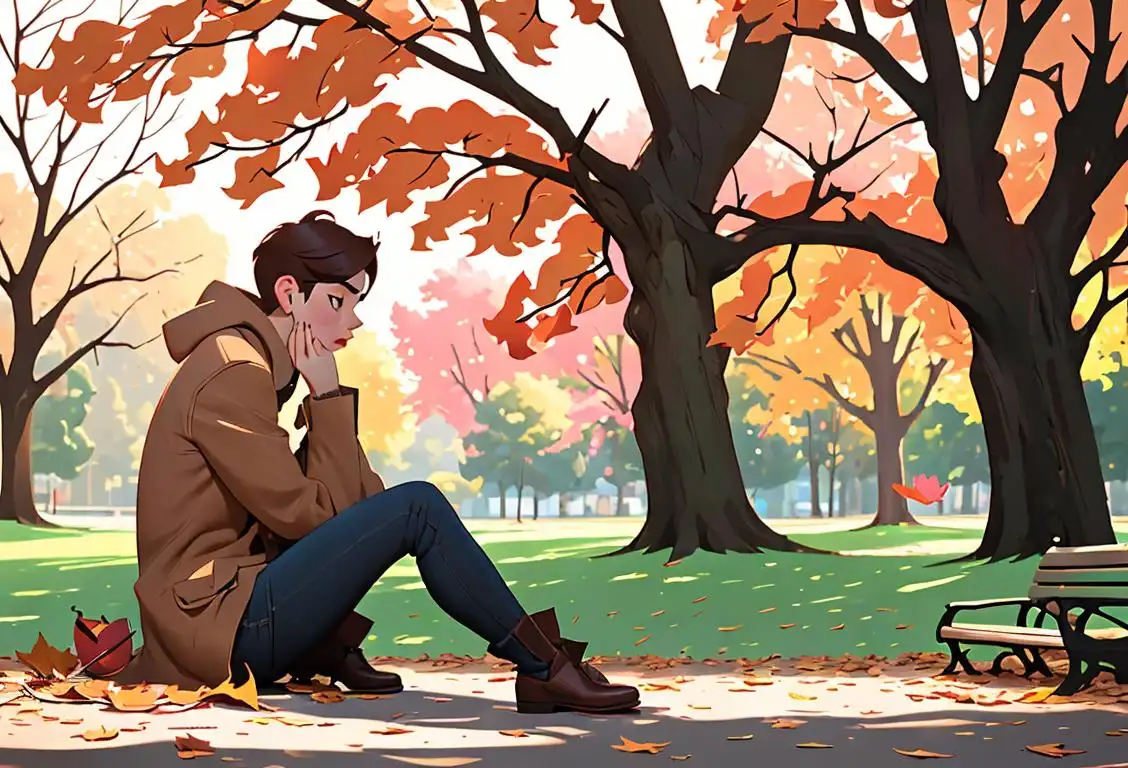 A person sitting alone on a park bench, holding a broken heart-shaped locket, surrounded by fallen leaves in an autumn setting..