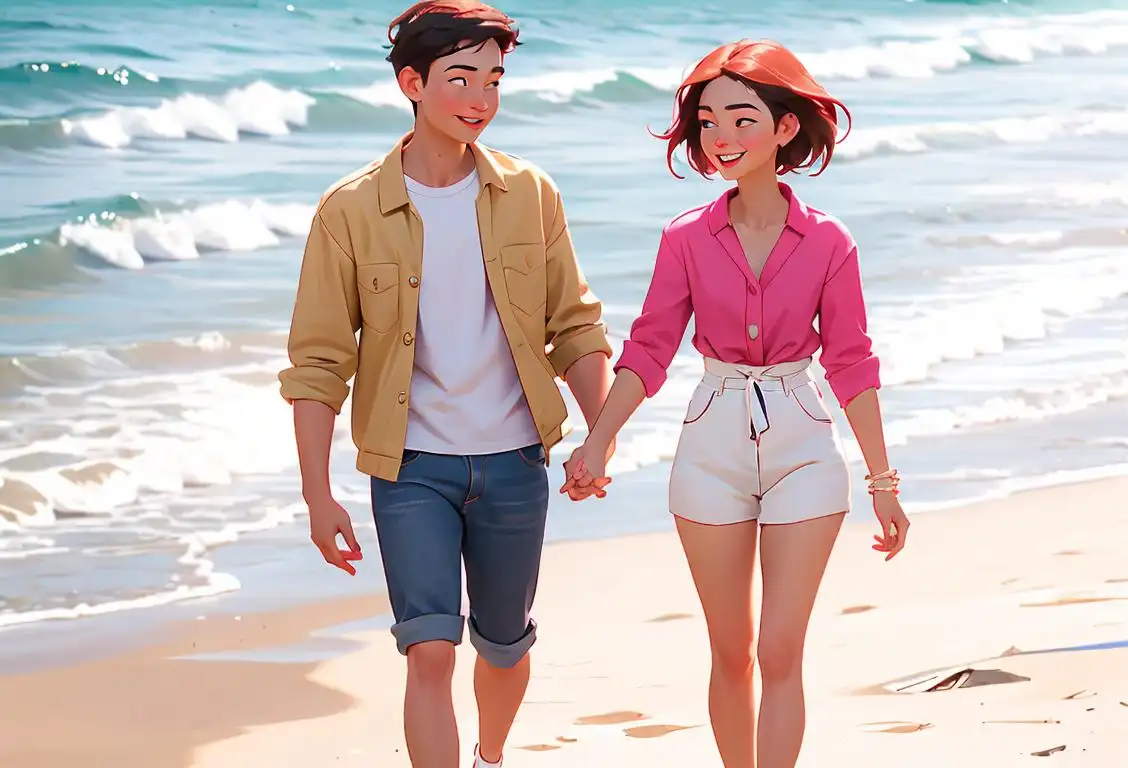 Young couple holding hands, walking on a beach, wearing matching outfits in trendy street fashion..